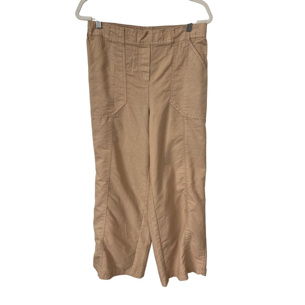 Deja Bleu Pull On Pants Sz Medium Elastic Waist Flat Front Relaxed Beige Neutral